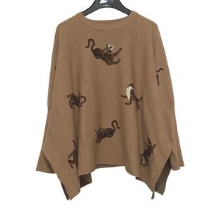 Camel Knit Swoncho Sweater Poncho Tiger Motif One Size Preppy Luxe Classic Style